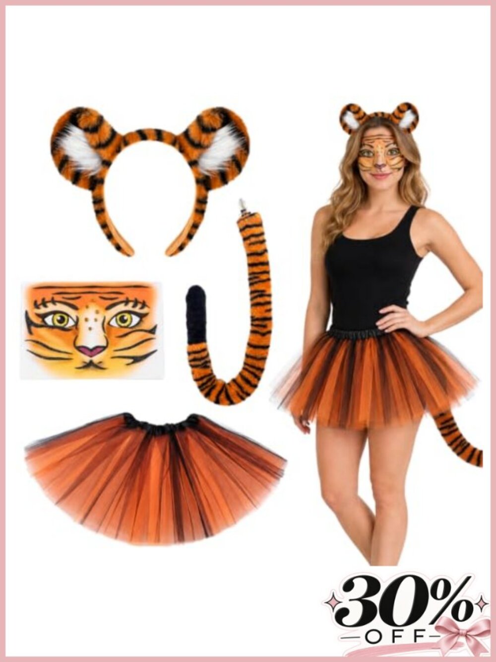 Adult Tiger Costume Set 4 Pc with Tutu Skirt Headband Tail